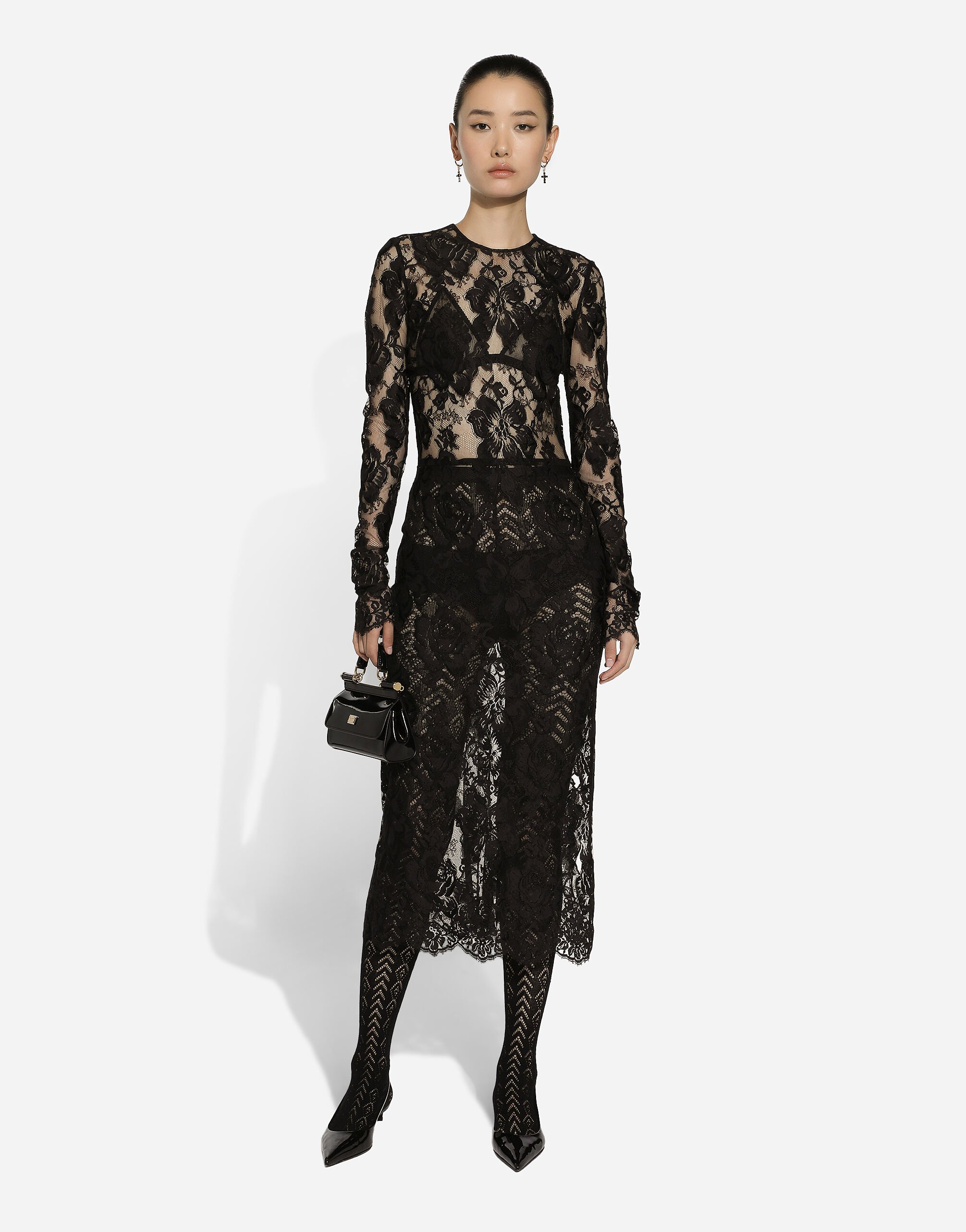 Calf-length floral lace dress in Black for Women | Dolce&Gabbana® US