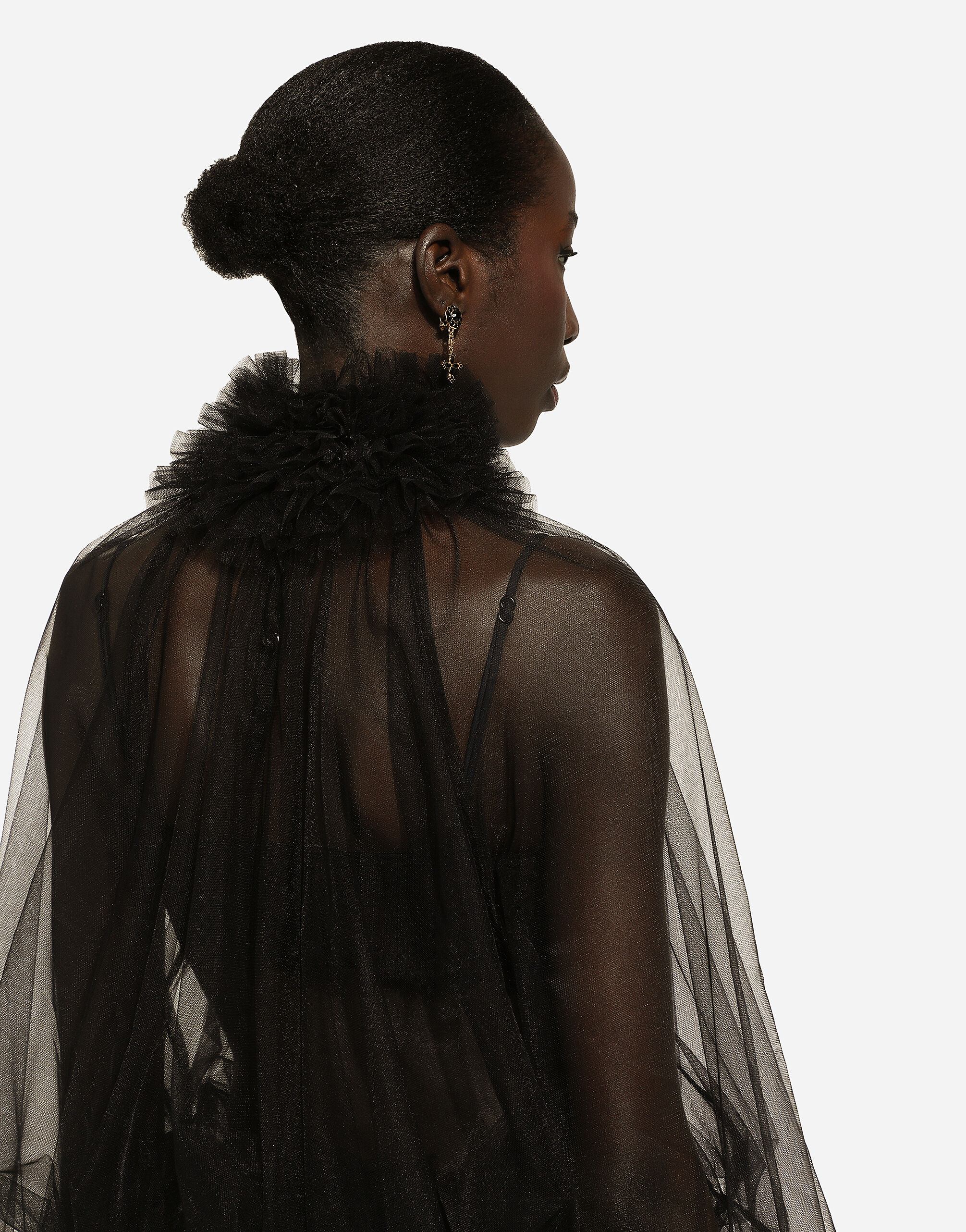 Tulle blouse with ruffles on the neck and cuffs in Black for Women