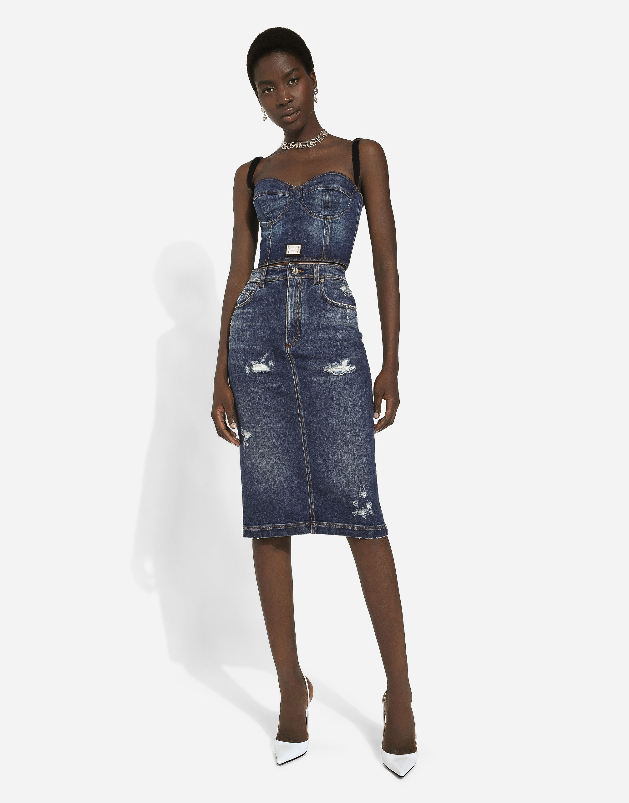 Denim corset top with logo tag in Blue for Women | Dolce&Gabbana® US