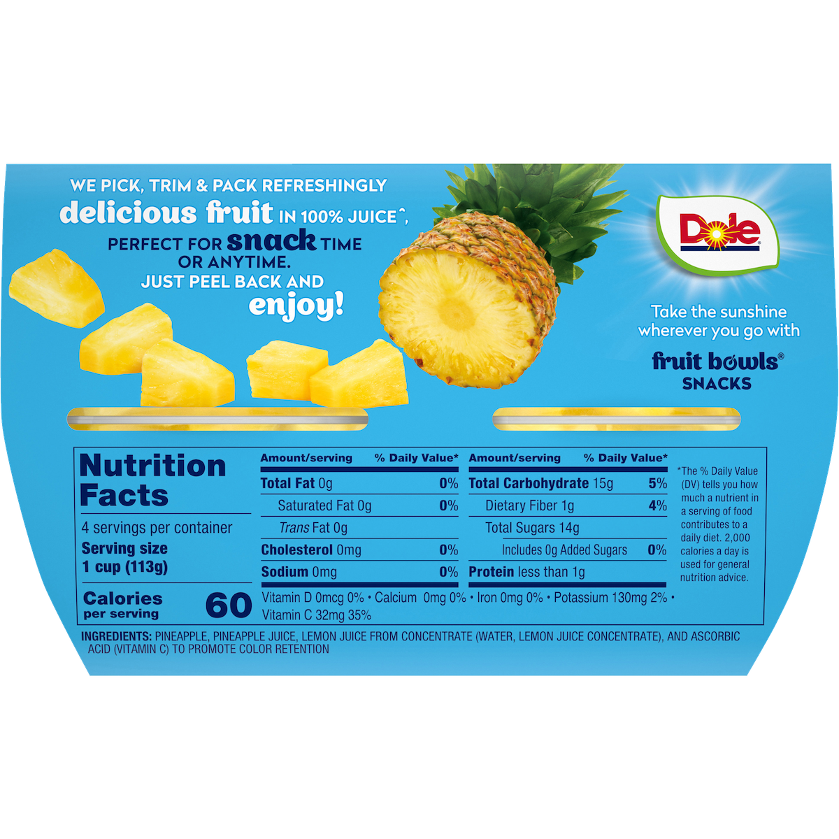Dole® Pineapple Paradise in 100% Juice Fruit Bowls®, 4 Count