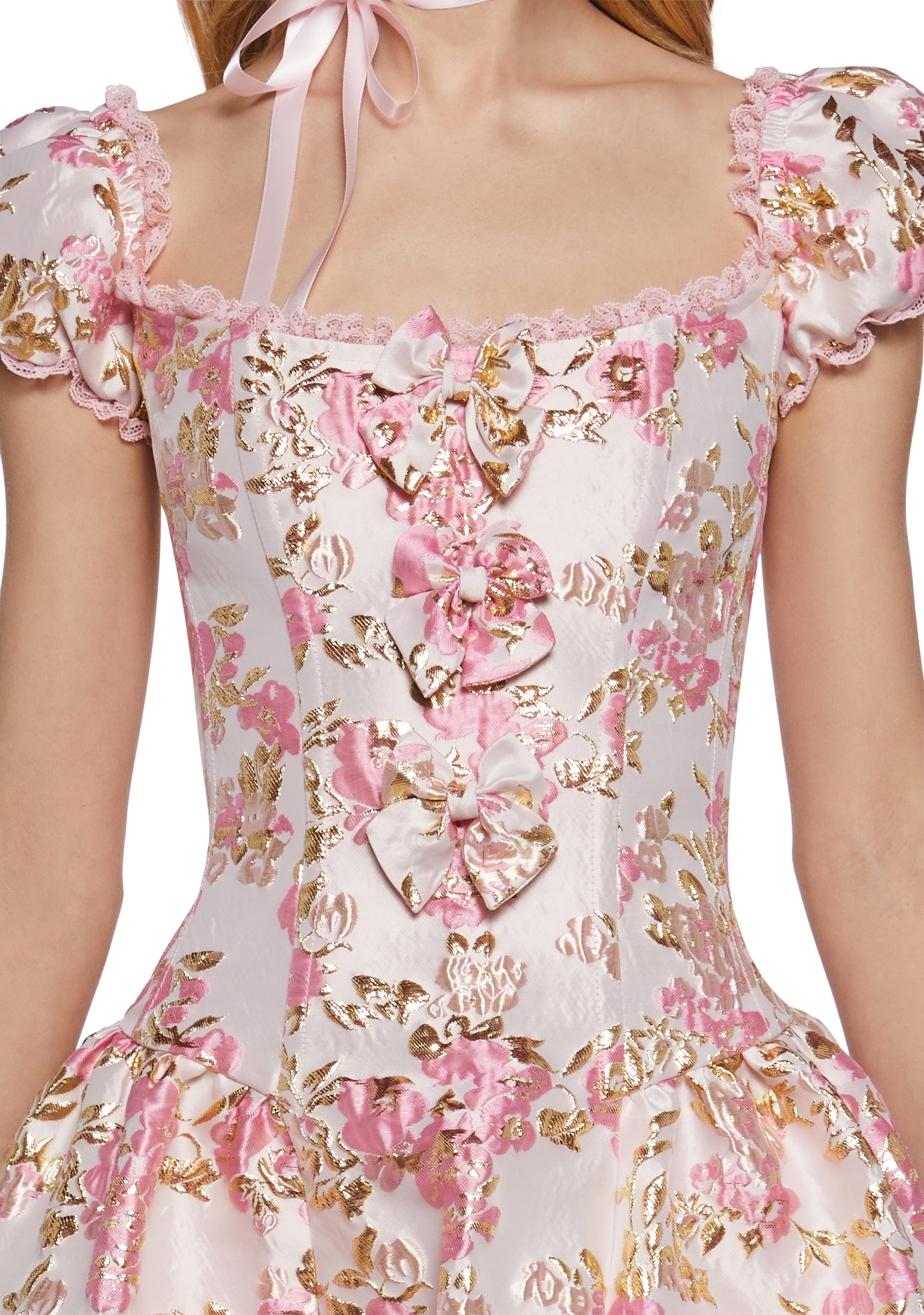 Floral Jacquard Puff Sleeve Bubble Hem Lace Mini Dress Sugar