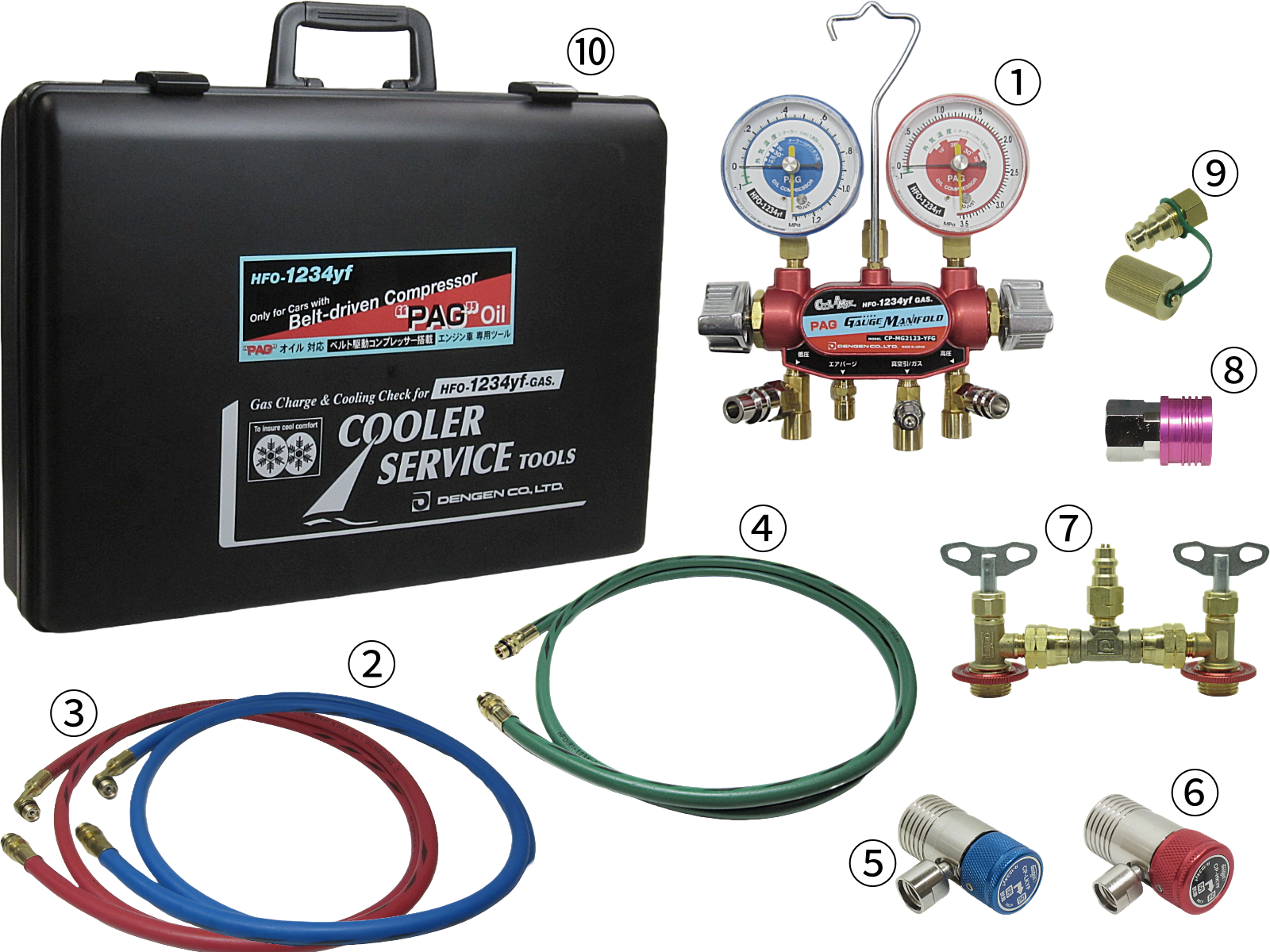 R-1234yf/PAG専用 ガスチャージ工具セット 2バルブ 10点セット