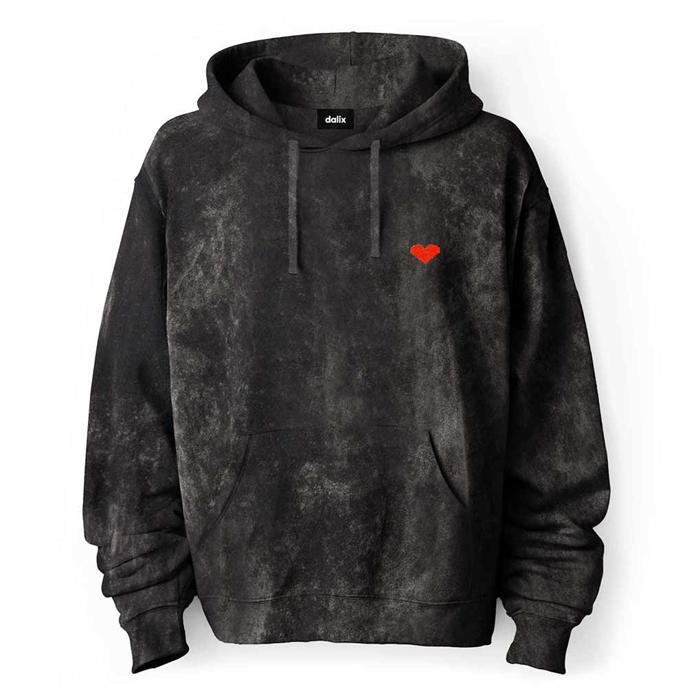 Dalix Pixel Heart Embroidered Fleece Hoodie Mineral Wash Long