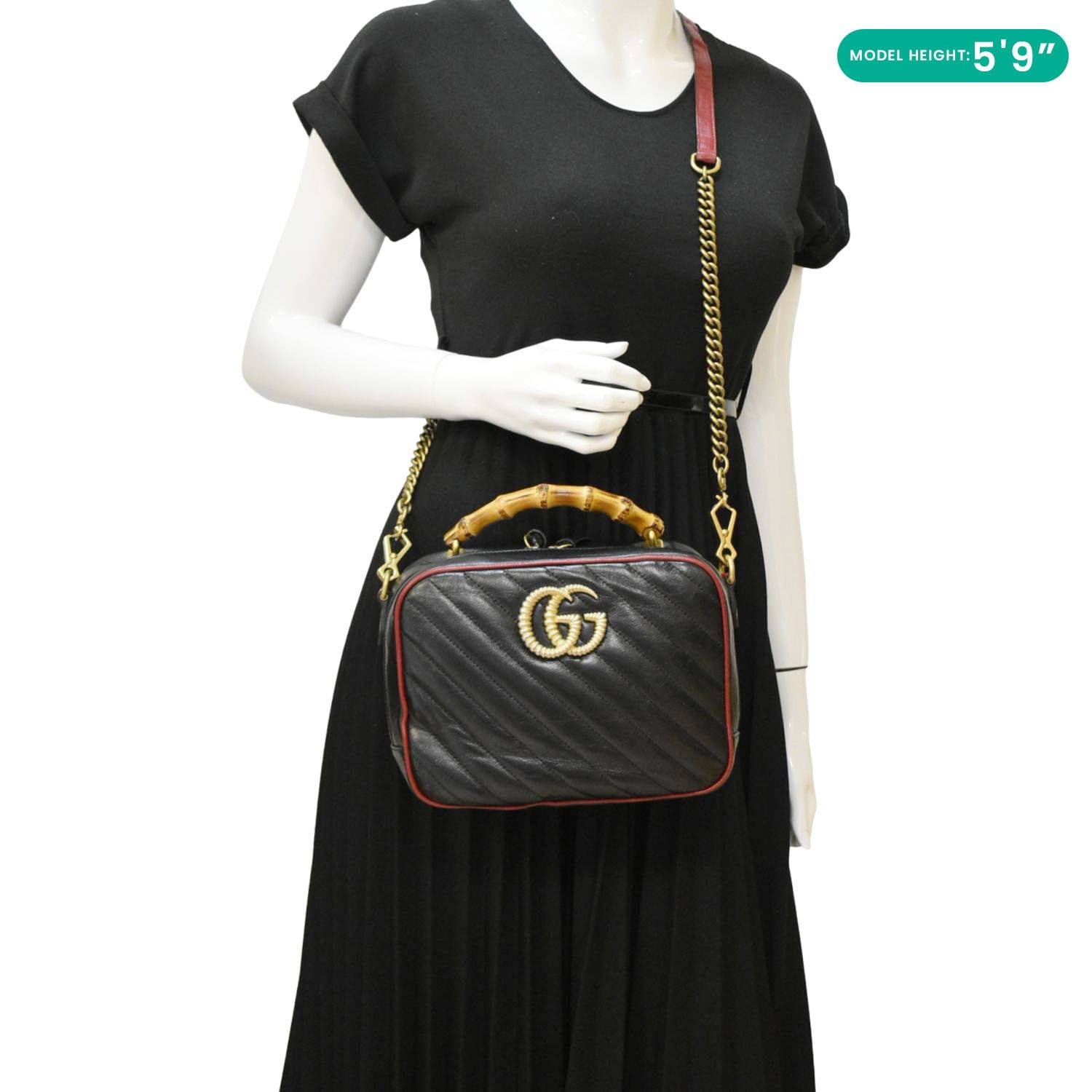 GUCCI GG Marmont Diagonal Leather Bamboo Top Handle Crossbody Bag Blac