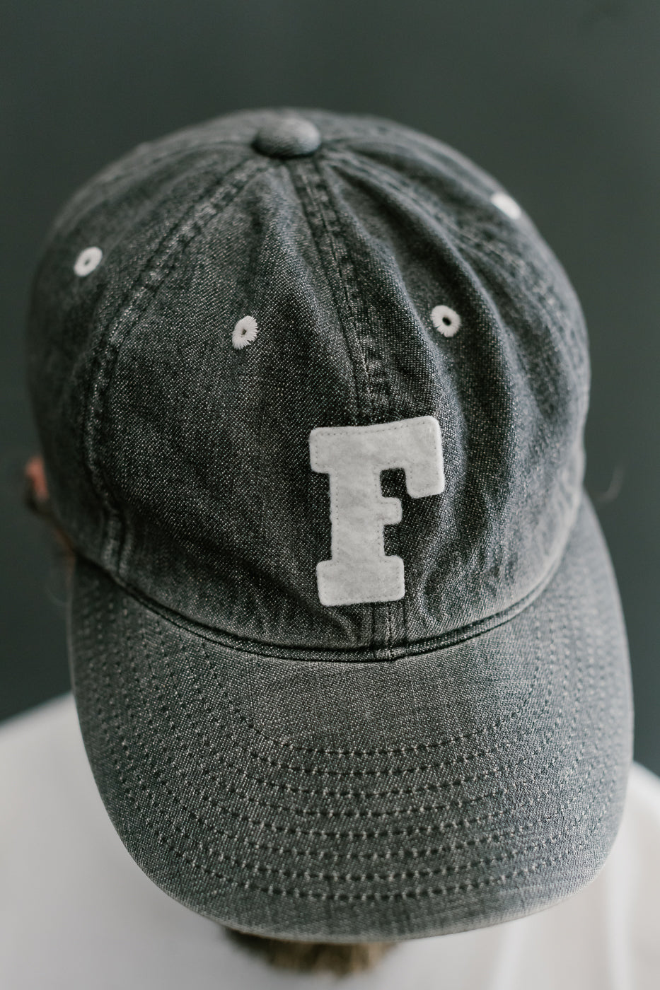 6843HW - 6 Panel Denim Baseball Cap 'F' Patch - Black Vintage Wash