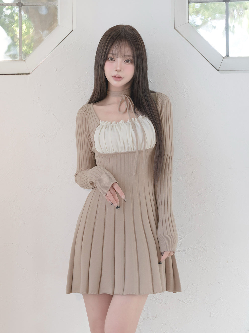 ネックリボンデザインフレアニットミニワンピース – Darich (ダーリッチ)