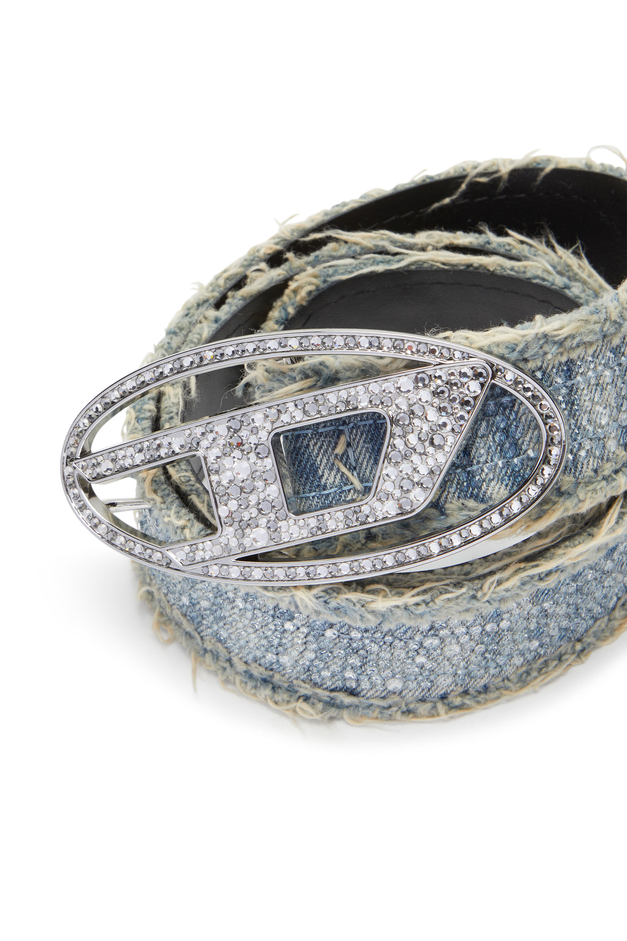 B-1DR STRASS 4cm Leather-backed denim belt with crystals｜ブルー