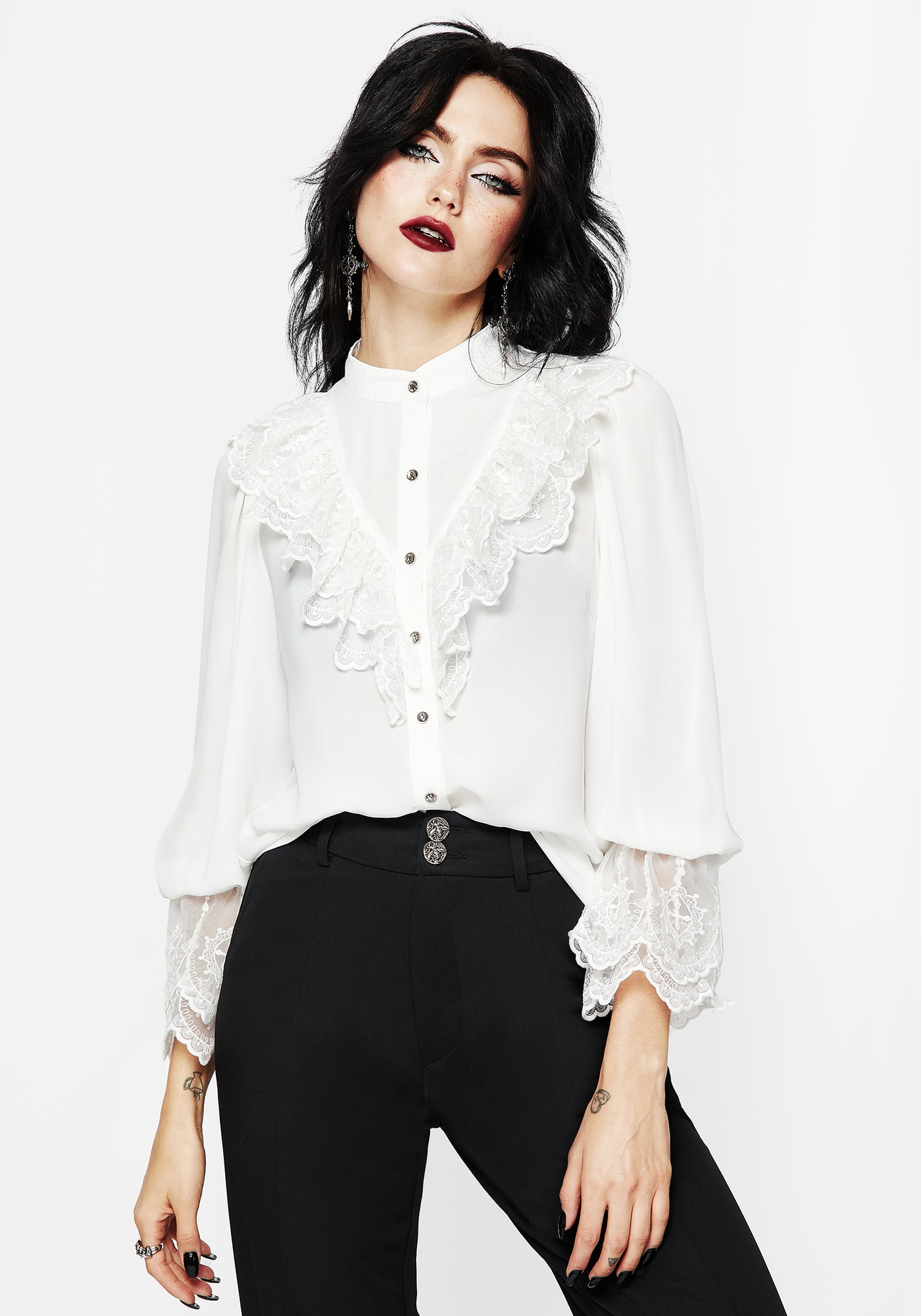 Constance Lace Frill Button Up Blouse Top | Disturbia - Shop