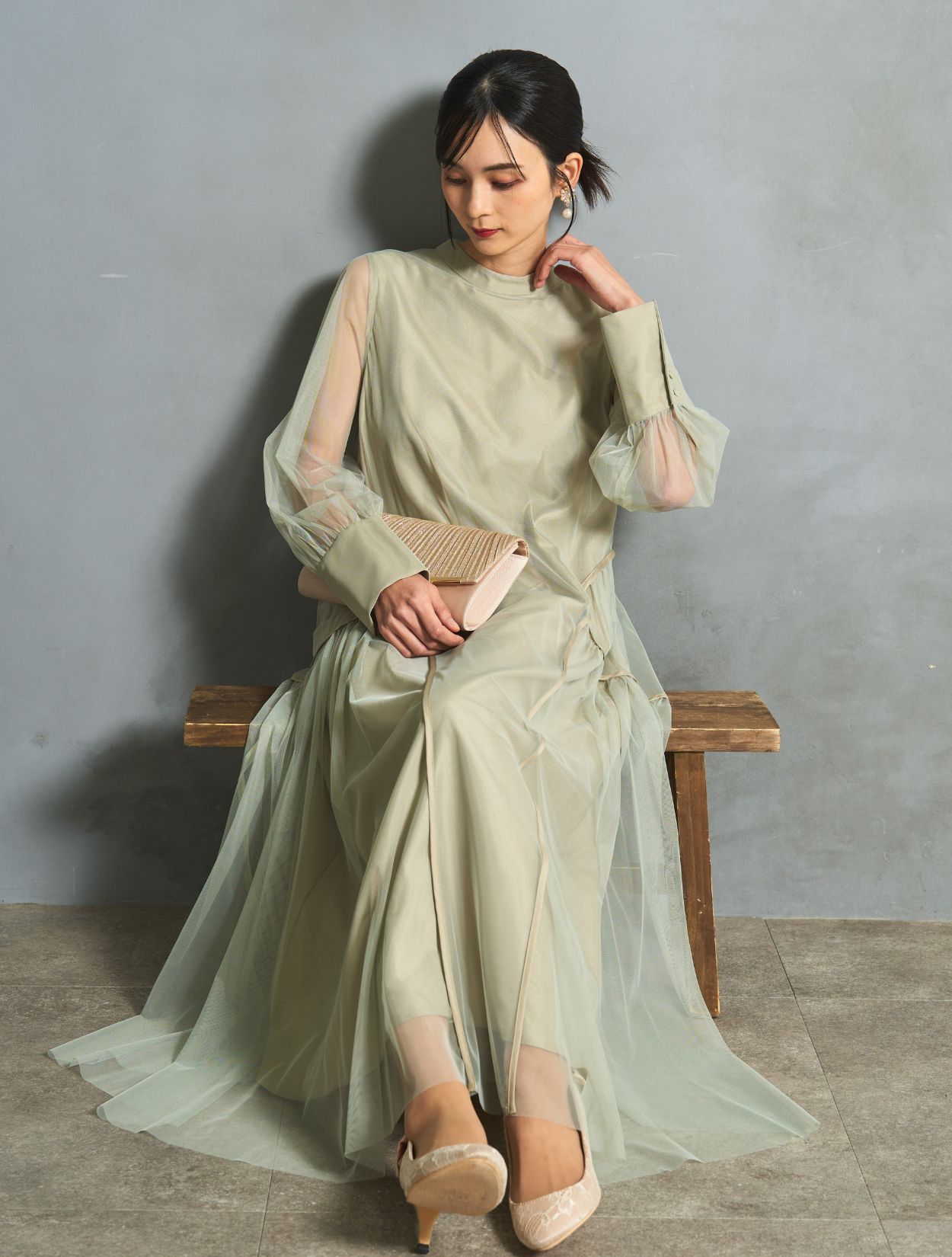 M/L】ボリュームテントラインドレス（ライトグリーン）DPSET0767の