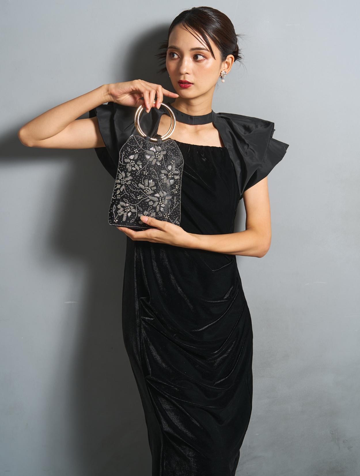 M/L】ベロア×タフタドレープドレス（ブラック）DPSET0867のレンタル