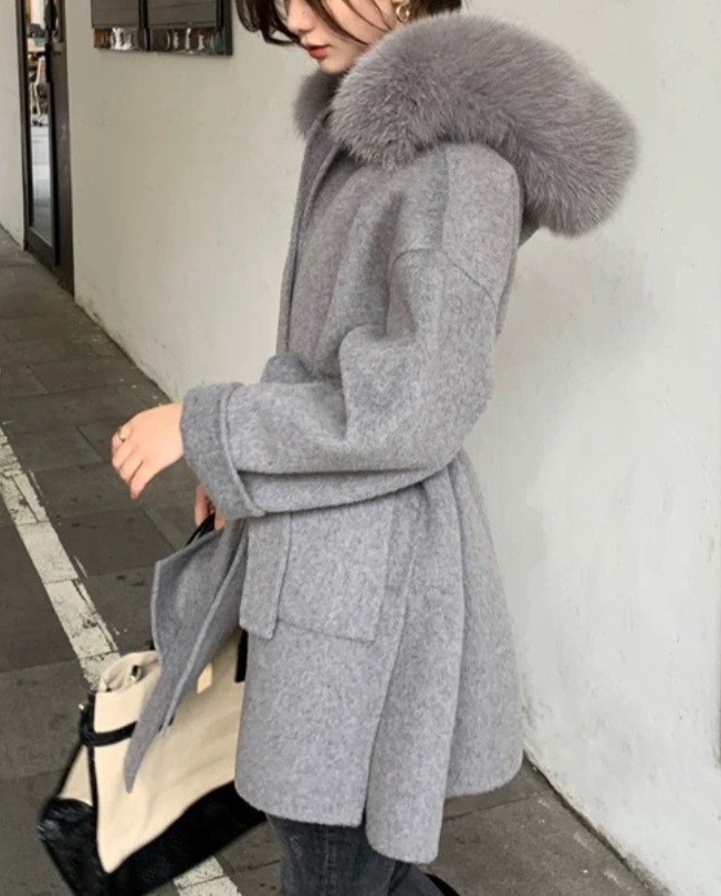 ストラップ&ファー付ウールフードハーフコート | レディース