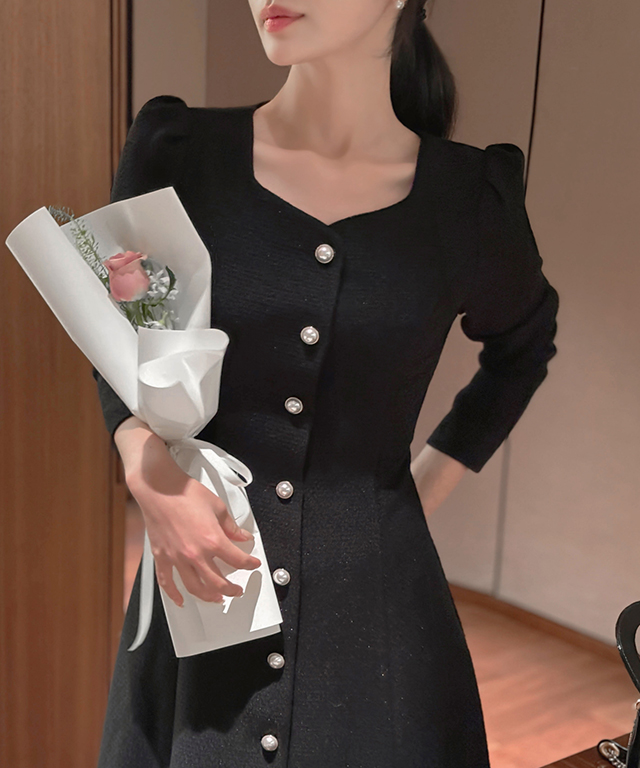 ツイードボタンハートネックパール調ボタンロング長袖ワンピース