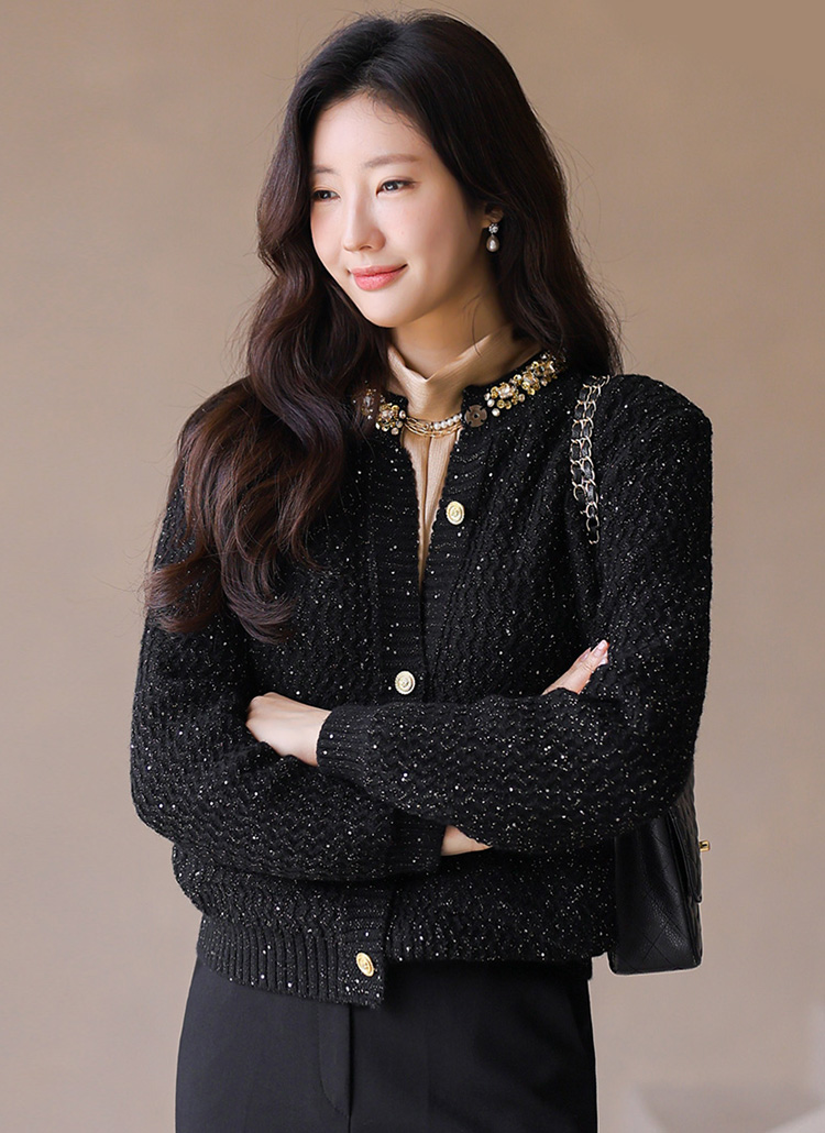 ビーズビジュースパンコールラウンドネックカーディガン | レディース