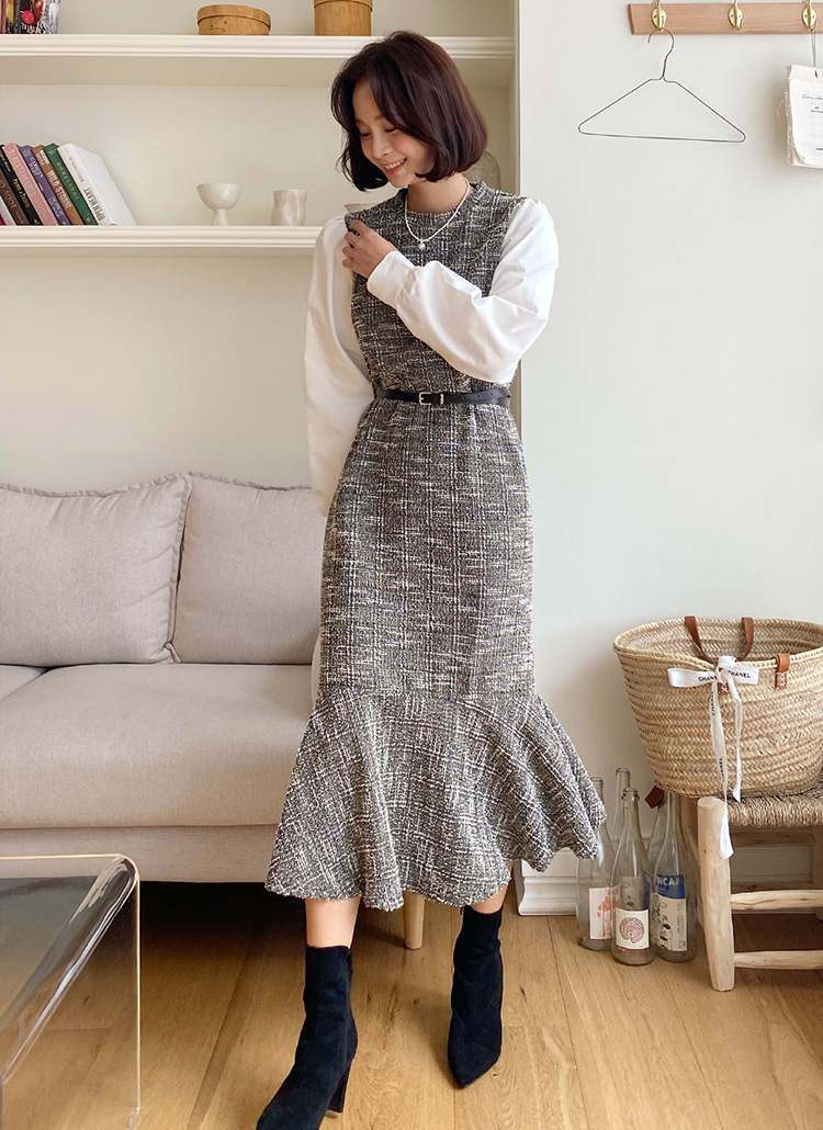 ベルト付ツイードマーメイドワンピース・全2色 | レディース