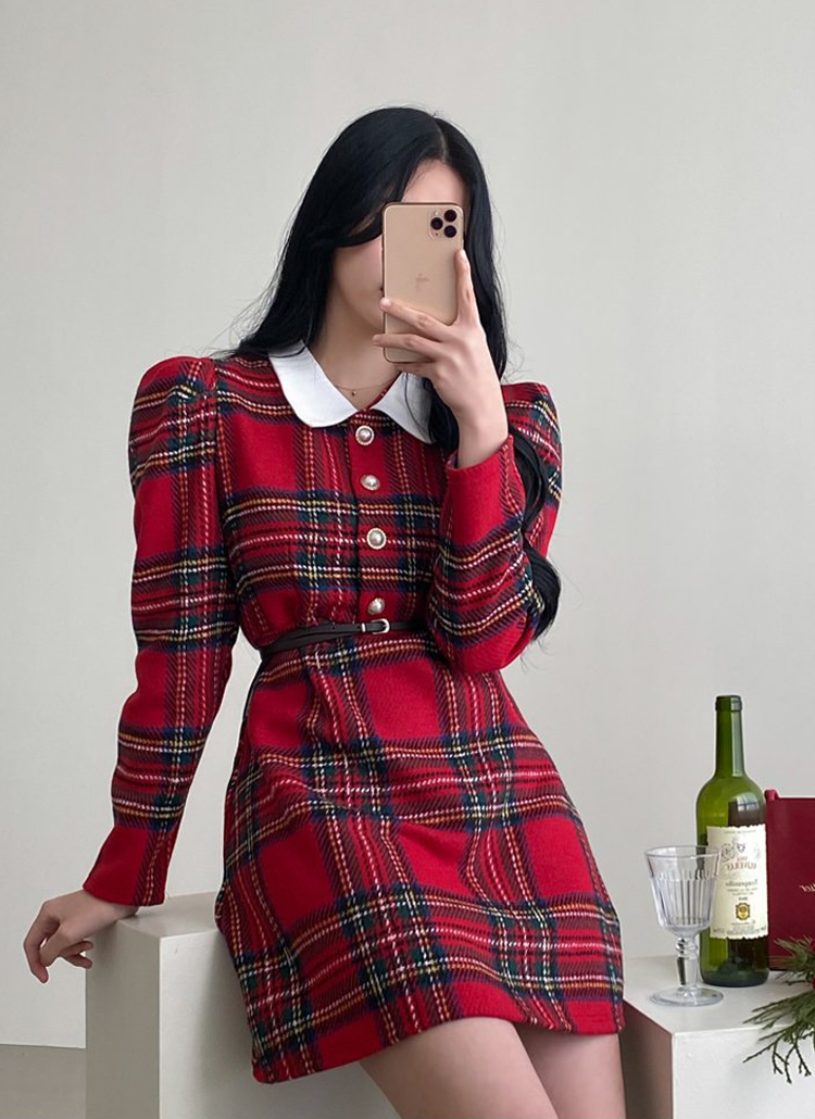 フィジカルドロップ 赤タータンチェック柄フリルワンピース フィジカル