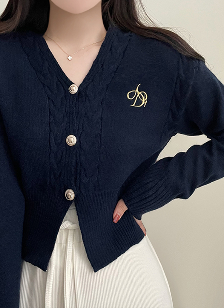 ゴールドボタン刺繍ケーブルカーディガン | レディースファッション