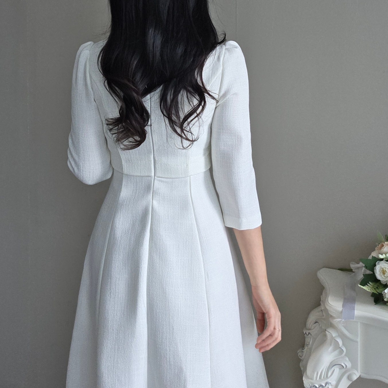 パール調ボタンカラー7分袖ツイードAラインワンピース | レディース