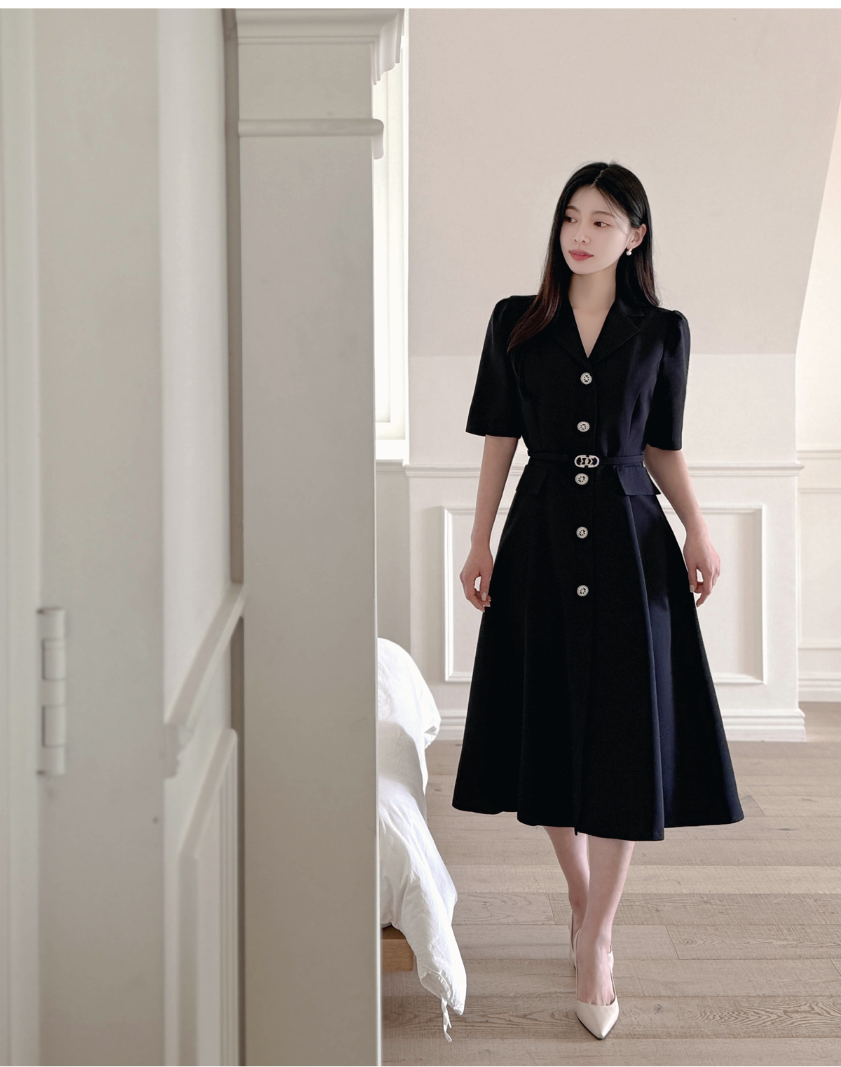 DHOLIC パール調ボタン プリーツ 7分袖 ツイード Aライン ワンピース