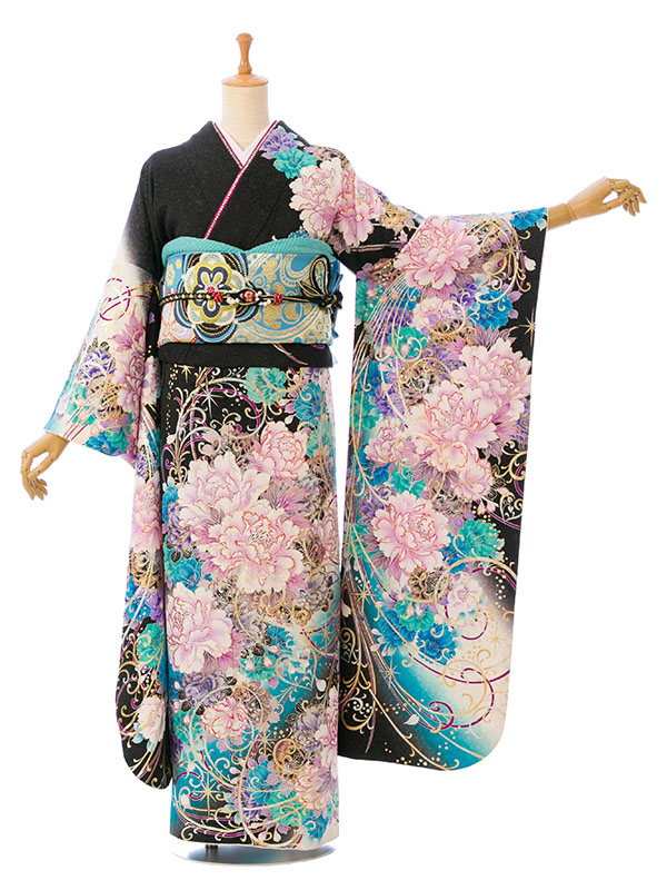 振袖|黒系|桜 牡丹 |1S1632|対応身長:155-168cm|ｻｲｽﾞ:7号-13号｜全国