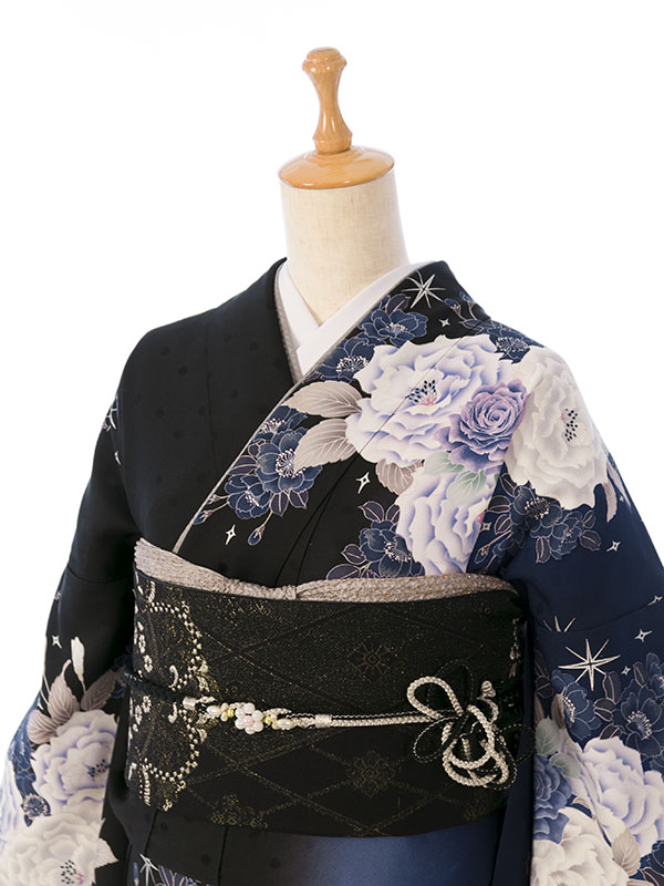 振袖|黒系|星 薔薇|対応身長:153-165cm|ｻｲｽﾞ:7号-13号|6S615｜全国宅配