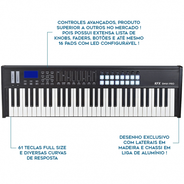 KFX SW61 Pro Teclado Controlador MIdi USB 61 Teclas 16 PADs 8