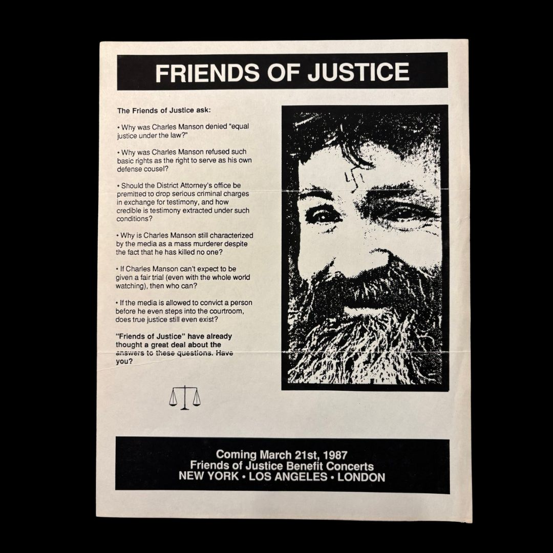 Friends Of Justice Charles Manson Benefit Concert Flyer 1987
