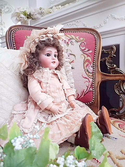 アンティークビスクドール ドレスとボネ 48センチのジュモー8号