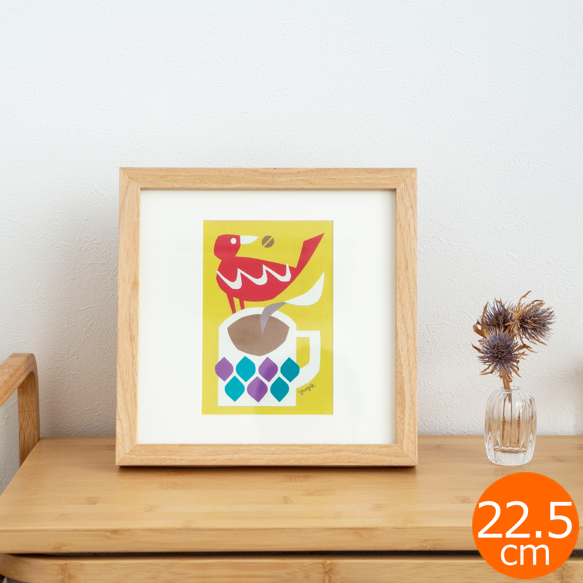 ポスター フレーム付き 模様のある白い鳥 22.5×22.5cm 木製 正方形