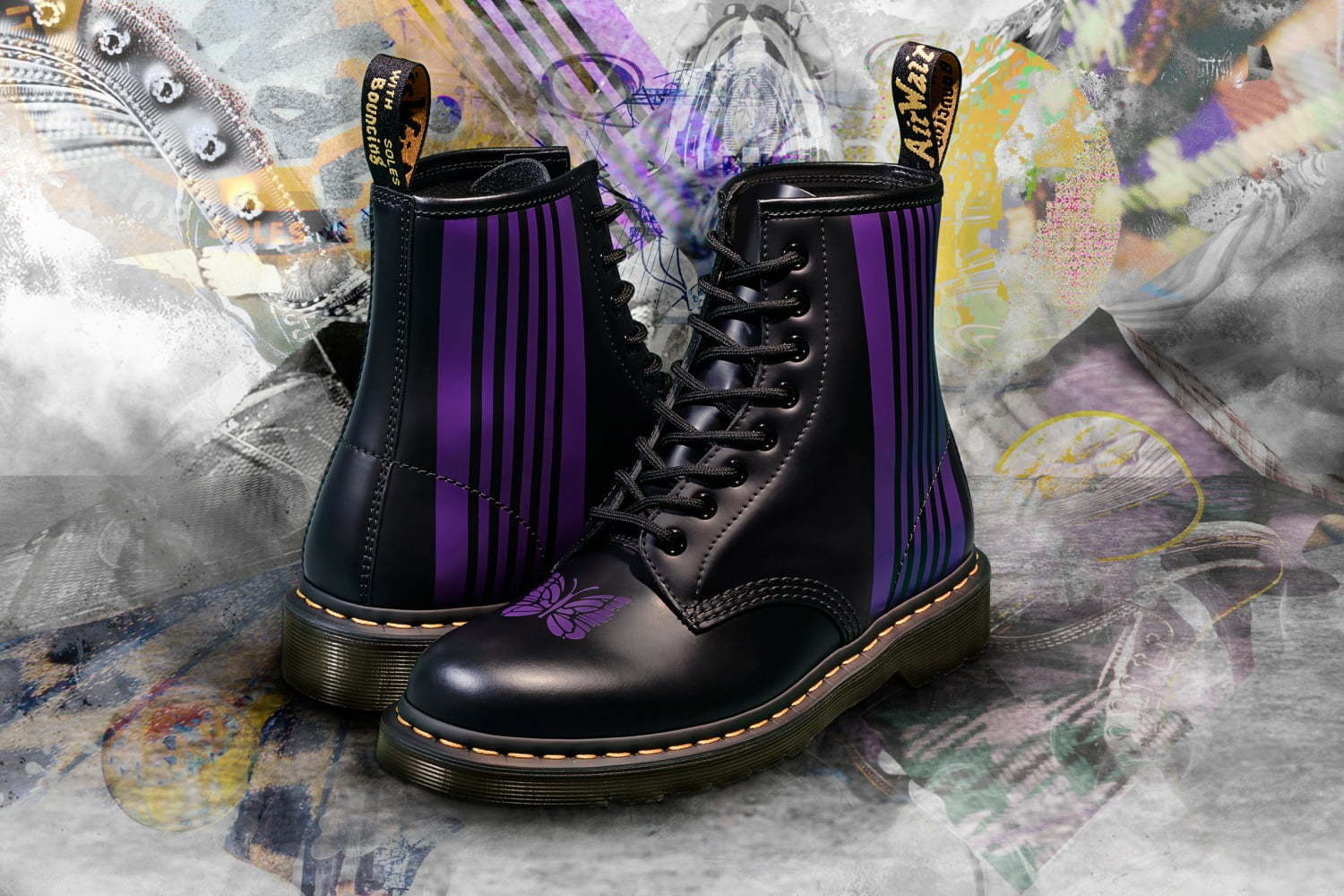 ドクターマーチン×ニードルズ「1460」8ホールブーツ、パープルの“蝶