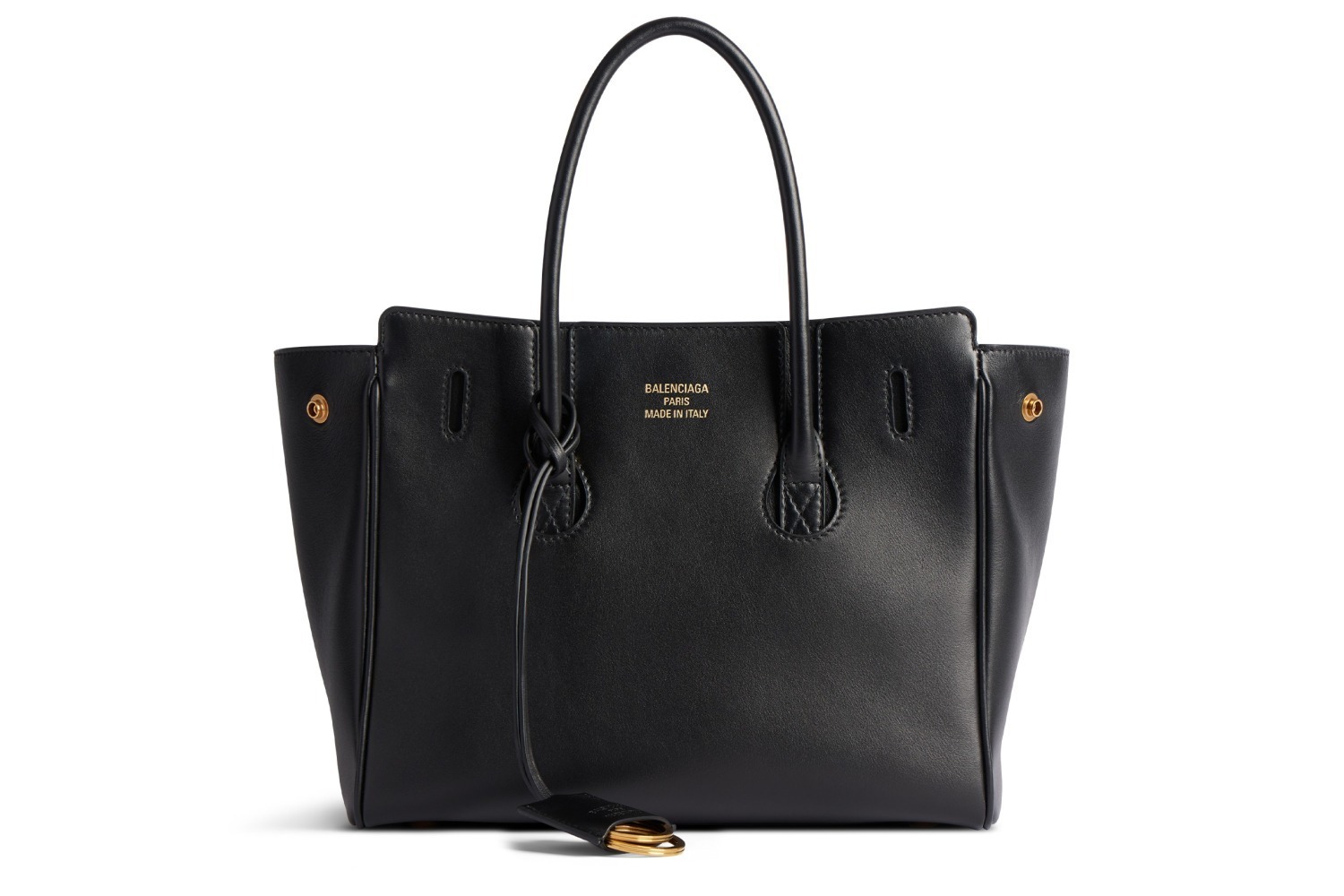 バレンシアガのレザーバッグ「ハンプトン」メタリックなキーリング付き