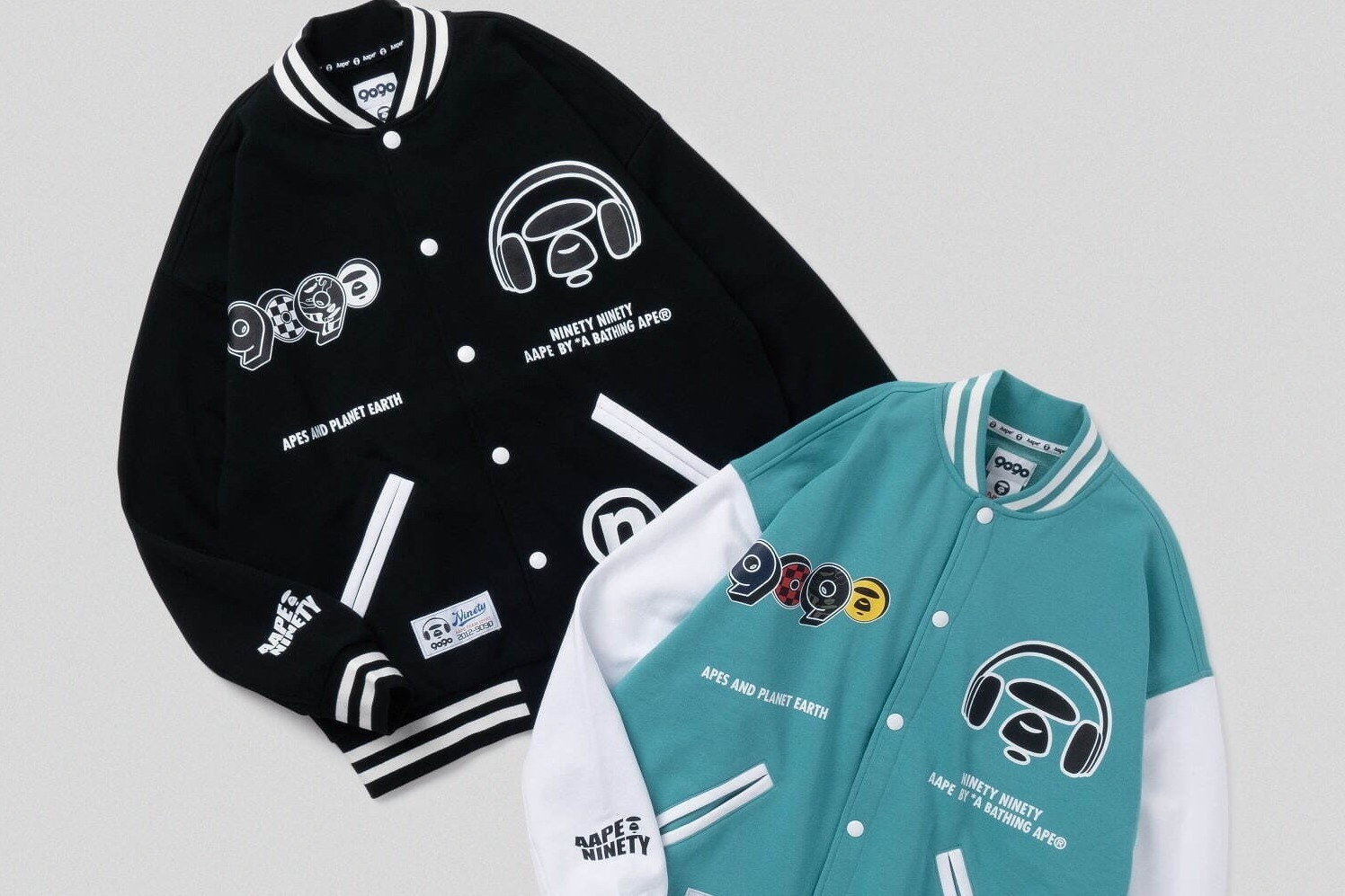 エーエイプ×9090、ヘッドフォンをした”ムーンフェイス”入りジャケット