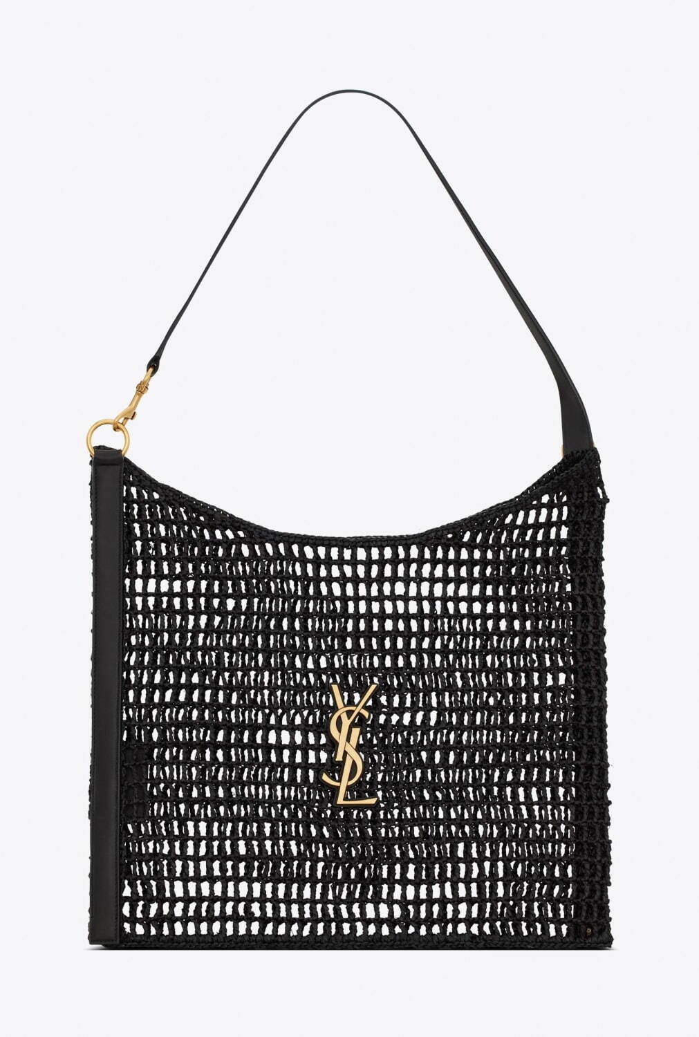 サンローラン24年春夏ラフィアバッグ、YSLロゴを配したクロシェ編み