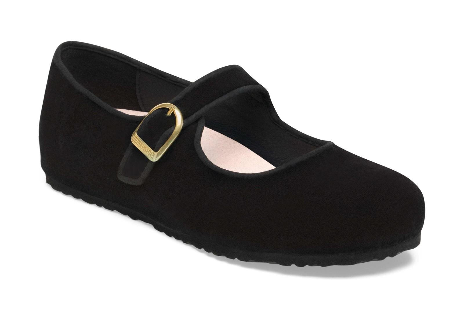 ビルケンシュトック”丸みを帯びたトゥ”のメリージェーン、光沢感ベロア