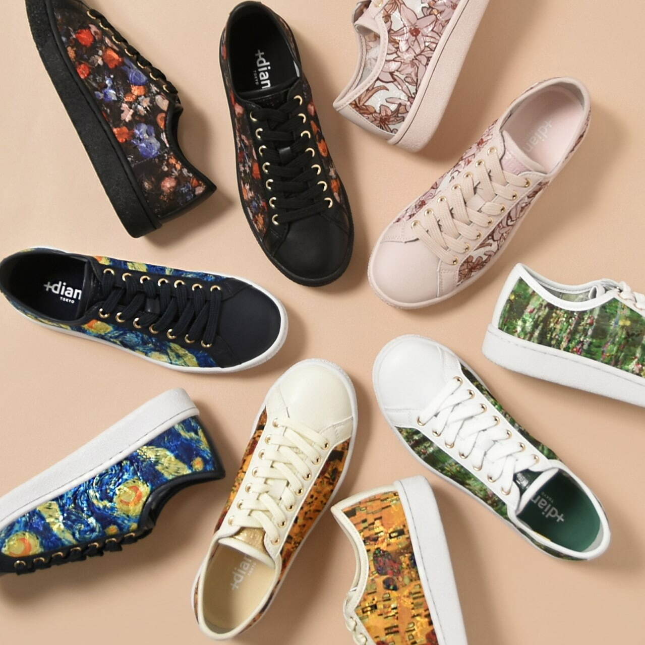プラス ダイアナ「絵画シリーズ スニーカー」ミュシャの百合・モネ睡蓮