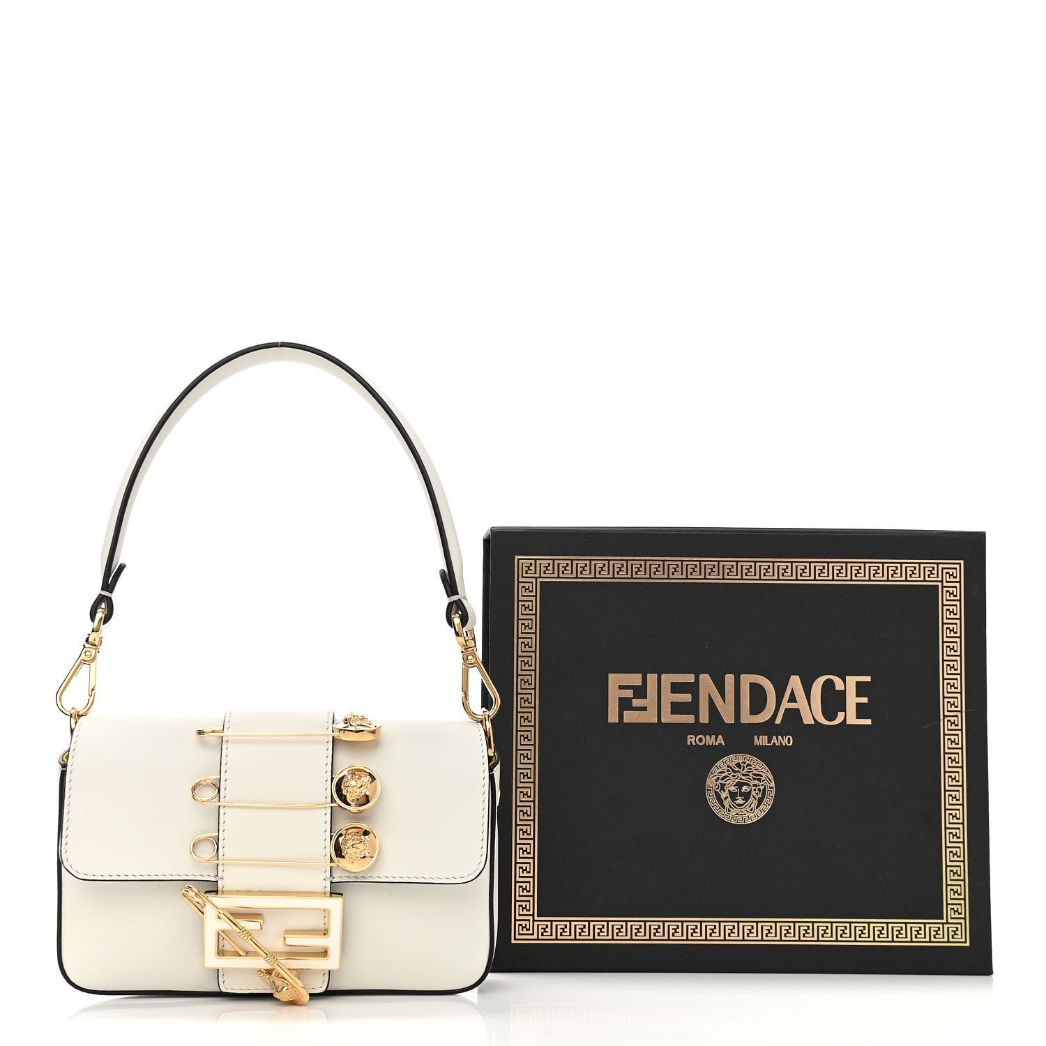 Fendi X VERSACE Vitello Seta Fendace Mini Brooch Baguette White