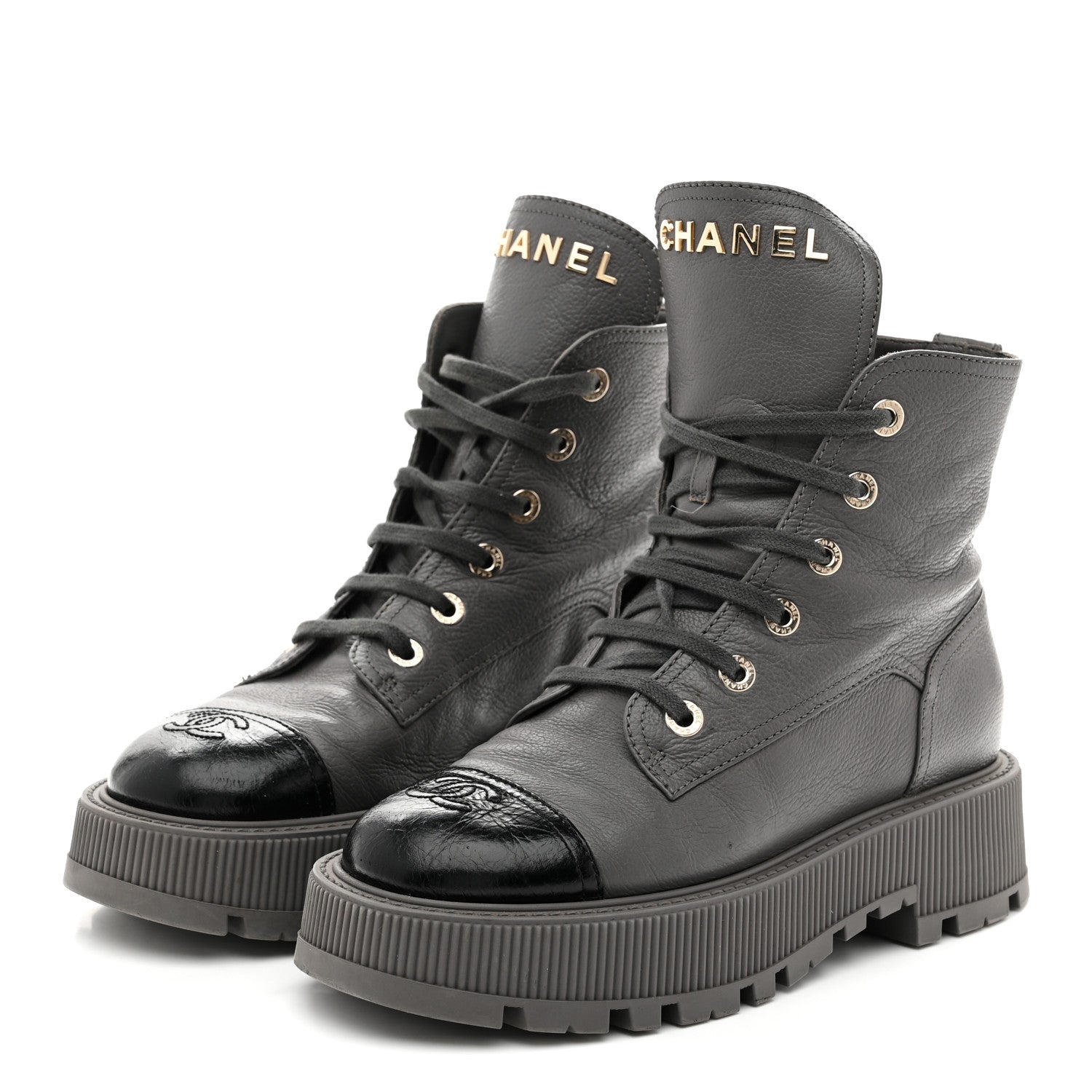 Chanel Calfskin CC Lace Up Combat Boots 39 Gray 1782149 – FASHIONPHILE