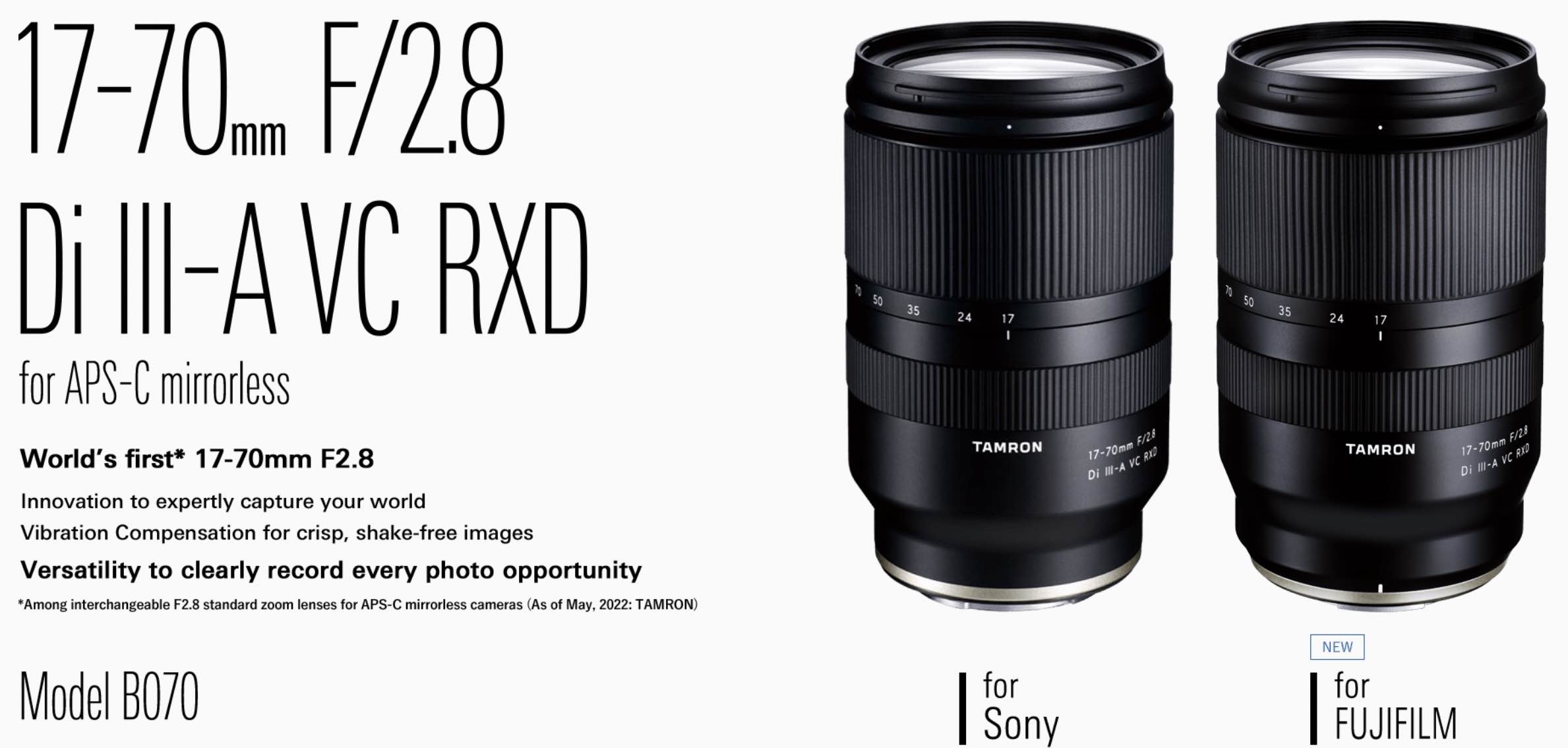 Tamron 17-70mm F/2.8 for Fujifilm X Announced - Press Release
