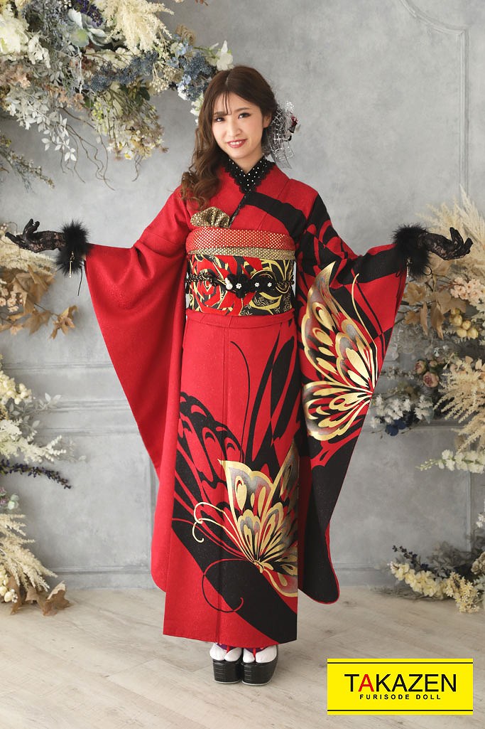激安モード 赤/黒 蝶々柄 ワンポイント/大柄 シンプル振袖 かっこいい