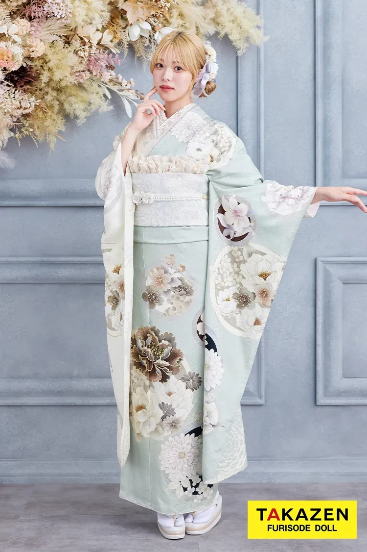 くすみカラー古典 ミントグリーン/淡色 牡丹柄 大人っぽい 淡い色 綺麗