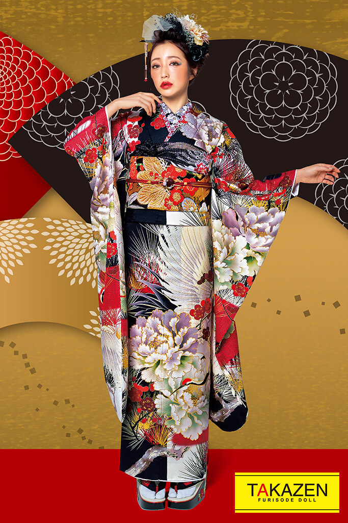 ジャパンモード 白/黒/赤 鶴柄 目立つ振袖ネットレンタル かっこいい極