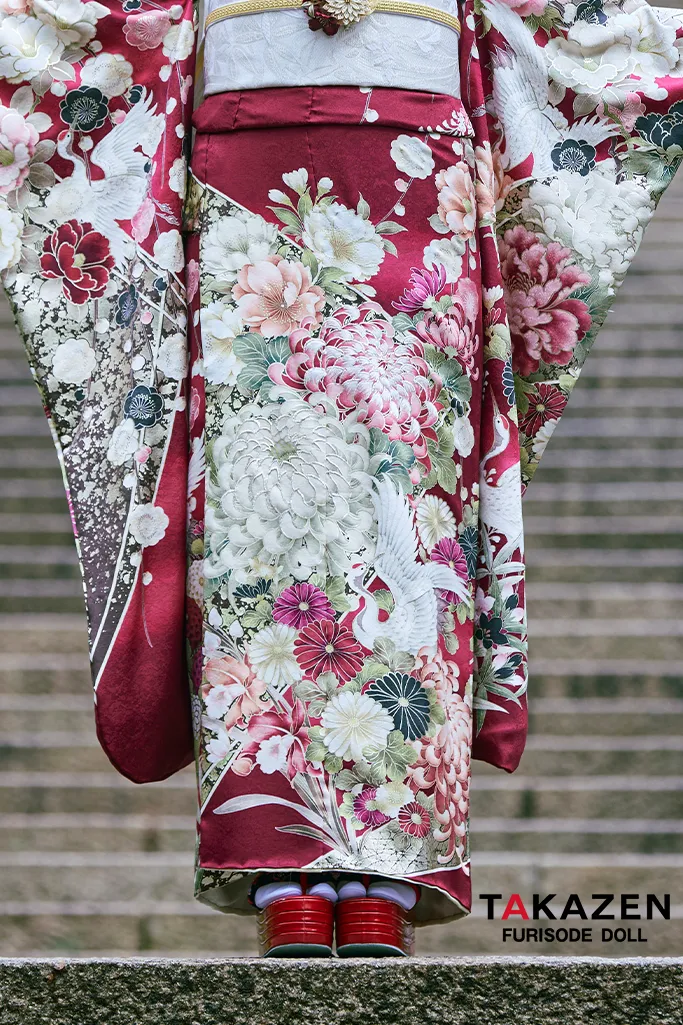 正統派古典 ワインレッド/エンジ 鶴柄/乱菊 大人っぽい 綺麗系 華やか