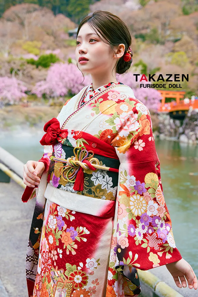 正統派古典 白赤 IKKO振袖 牡丹柄/御所車 定番人気 綺麗 華やか 清楚