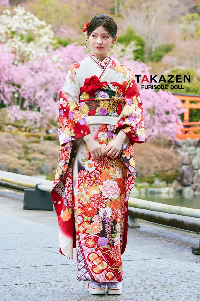 正統派古典 白赤 IKKO振袖 牡丹柄/御所車 定番人気 綺麗 華やか 清楚
