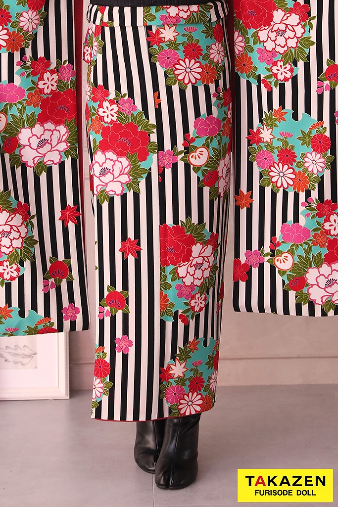 激安レトロ 黒/白 ストライプ柄 人気 派手 個性的 レトロモダン振袖