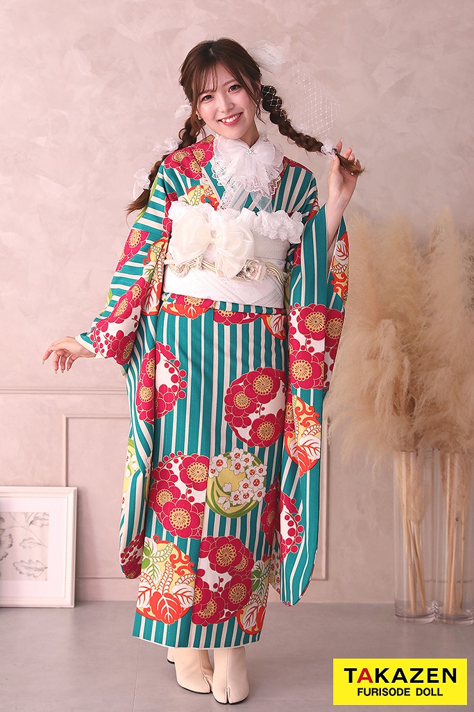 レトロモダン 赤/水色(ブルー) ストライプ柄/花柄 人気 個性的振袖