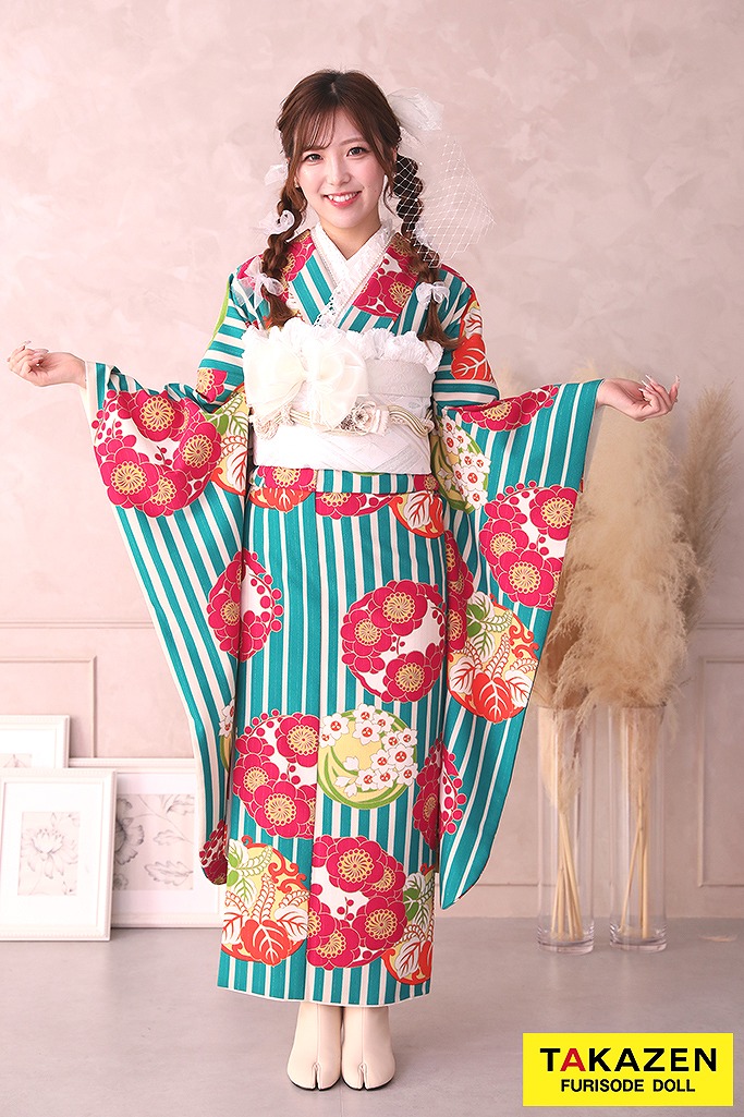 レトロモダン 赤/水色(ブルー) ストライプ柄/花柄 人気 個性的振袖