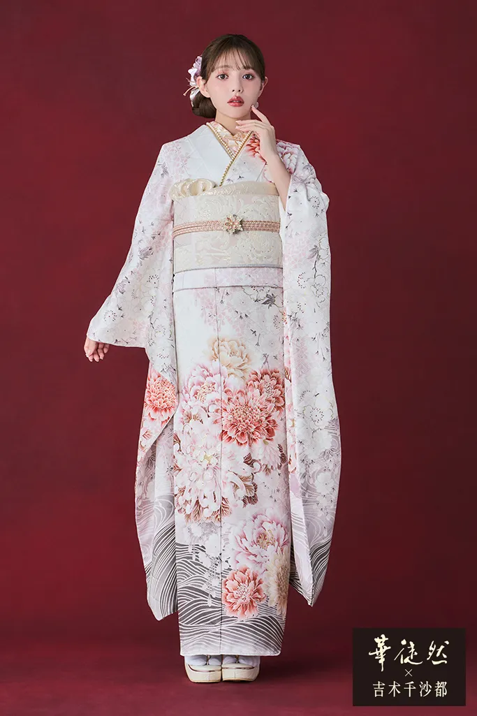 華徒然×吉木千沙都振袖ネットレンタル 白/ピンク 牡丹柄/菊柄 かわいい