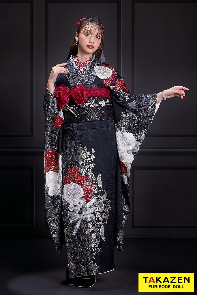 ヘップバーンローズ 黒/赤 バラ柄/リボン柄 エレガントな振袖 綺麗