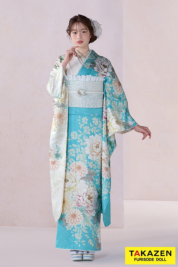 正統派古典 水色/白 牡丹柄/菊柄 かわいい 淡い色 今どき 方身代わり