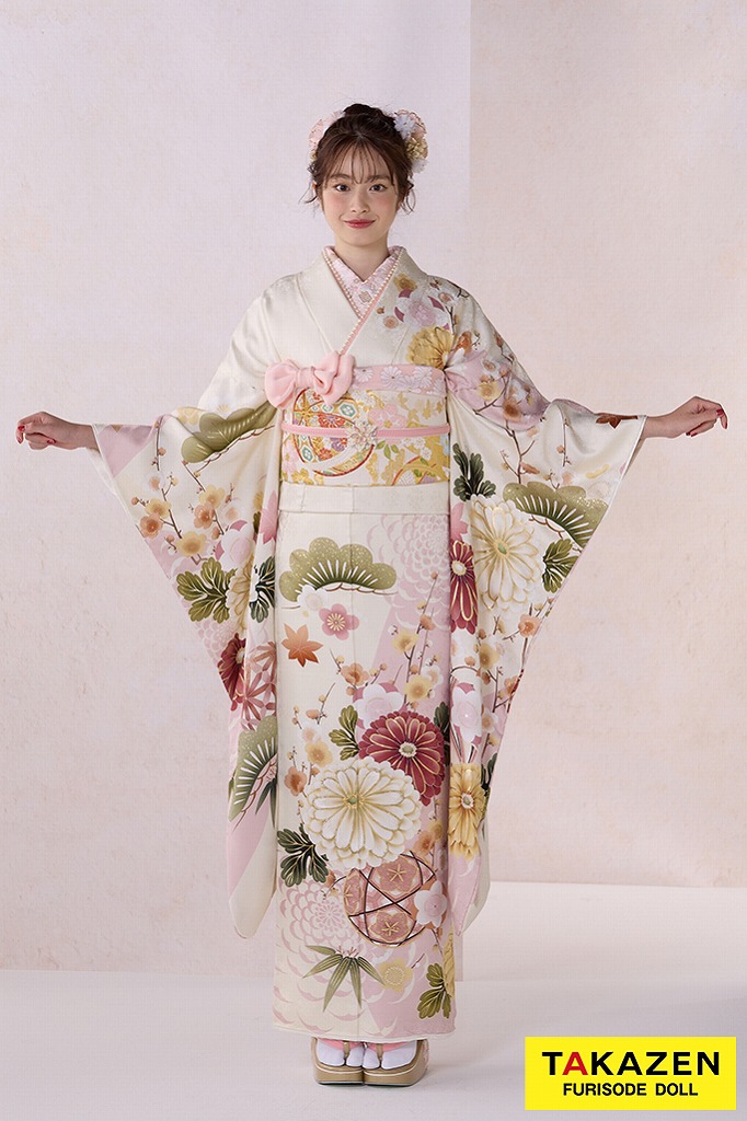 正統派古典 アイボリー/薄ピンク/くすみカラー 菊柄/大柄 かわいい振袖